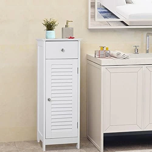 Noskatu Bathroom Floor Cabinet Small Storage Corner Floor Cupboard With A Single Shutter Door And Drawer Narrow Bathroom Cabinet For Bathroom Bedroom Living Room Kitchen White - Image 11