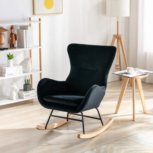 BOMENG Modern Velvet/Teddy Fabric Padded Seat Rocking Chair With High Backrest And Armrests,Comfy Uplostered Glider Chair Accent Chair For Living Room,Bedroom,Balcony - Image 3