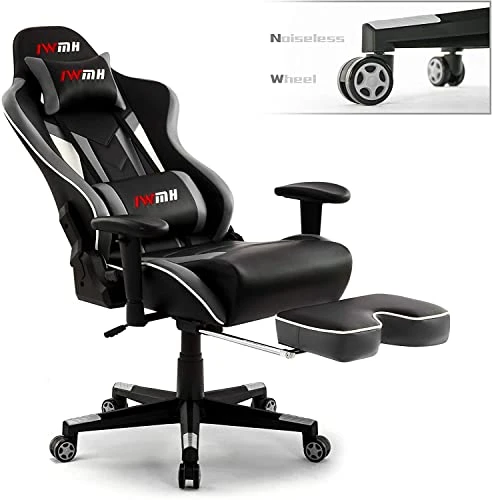 IWMH Gaming Chair, Racing Ergonomic Office Computer Chair With Footrest, High Back Reclining Desk Chair, Adjustable Leather Gamer Chair With Headrest And Lumbar Support, Gray - Image 3