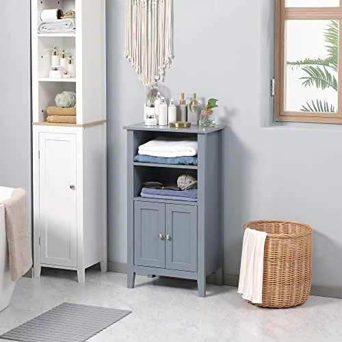 Kleankin Bathroom Cabinet Organizer With 2-Tier Open Shelves, Double Door Enclosed Storage And Elevated Base, Dark Grey - Image 6