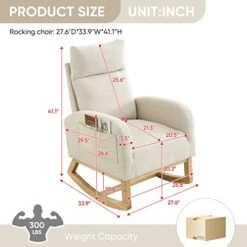 Nursery Rocking Glider Chair, Modern Fabric Tall Back Accent Rocker Chair Upholstered Arm Chair W/Side Pockets, Modern Leisure Single Sofa For Living Room, Hotel, Bedroom, Office, Beige
