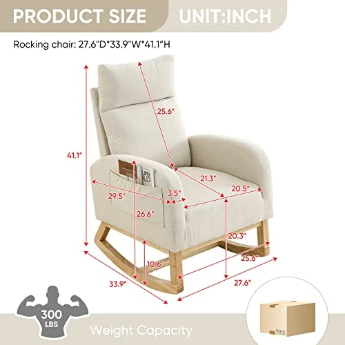 Nursery Rocking Glider Chair, Modern Fabric Tall Back Accent Rocker Chair Upholstered Arm Chair W/Side Pockets, Modern Leisure Single Sofa For Living Room, Hotel, Bedroom, Office, Beige