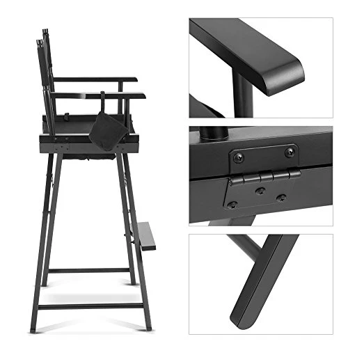 Foldable Makeup Director Chair, Tall Artist Professional Directors Chair With Storage Bag Cup Holder-Black - Image 5