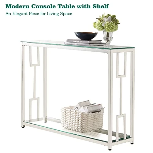 Modern Console Table Double Layer With Shelf, 41.7" Sofa Table With Tempered Glass Top, Stainless Steel Leg, Narrow Table Entryway Table,Hallway Table For Entryway,Living Room,Hallway Clear - Image 2