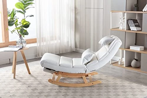 Zaboro Nursery Rocking Chair,Upholstered Glider Rocker Rocking Accent Chair Padded Seat With Pull Out Footrest, Armchair Comfy Side Chair For Living Room Bedroom Offices(White PU) - Image 3