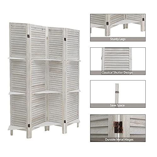 ECOMEX 4 Panel Room Divider With Shelves 5.6Ft Tall Folding Privacy Screens Room Dividers For Bedroom Home Double Hinged Wooden Room Dividers And Room Separator, White - Image 3