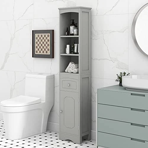 P PURLOVE Bathroom Storage Cabinet, Narrow Tall Slim Floor Cabinet With Drawers And 3 Tier Open Shelves, Tall Storage Cabinet With Door And Adjustable Shelf, For Bathroom, Living Room, Kitchen, Grey - Image 3