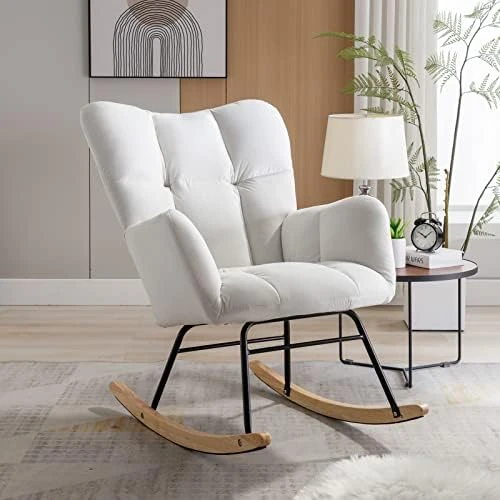 Polaris Garden Nursery Rocking Chair, Modern Teddy Fabric Nursing Chair For Mom And Baby, Accent Upholstered Rocker Glider Chair With High Backrest For Nursery Bedroom Living Room (Ivory White) - Image 13