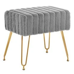 Fefances Large Vanity Stool Chair For Makeup Room Modern Faux Fur Square Ottoman Comfortable Footrest Stool With V Gold Legs Grey
