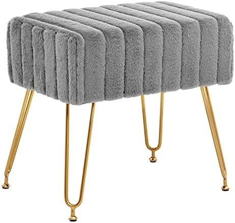 Fefances Large Vanity Stool Chair For Makeup Room Modern Faux Fur Square Ottoman Comfortable Footrest Stool With V Gold Legs Grey - Image 4