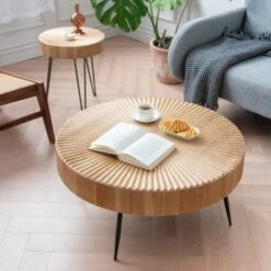 LONYKE 2-Piece Modern Farmhouse Living Room Coffee Table Set, Nesting Table Round With Handcrafted Wood Radial Pattern