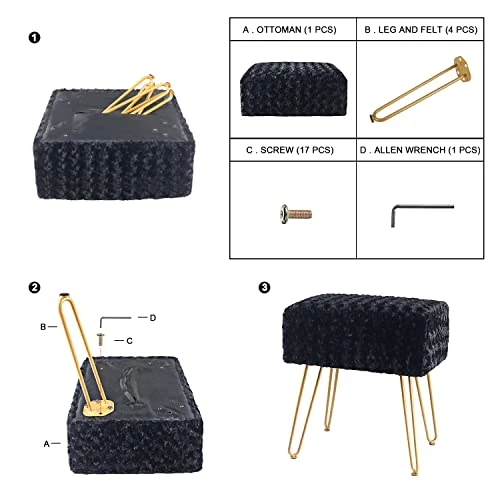 SCRIPTRACT Modern Mink Square Footstool Ottoman Bench Flower Pattern Furry Faux Fur Vanity Stool Chair With Golden Metal Leg For Vanity Entryway Bathroom Living Room Bedroom (Black Rose) - Image 7