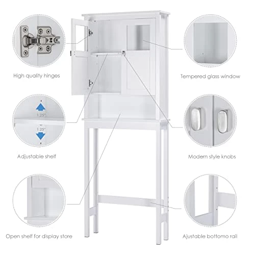 Spirich Home Bathroom Cabinet Over The Toilet, Bathroom Storage Cabinet With Glass Doors And Adjustable Shelves, Over The Toilet Storage Cabinet, White - Image 3