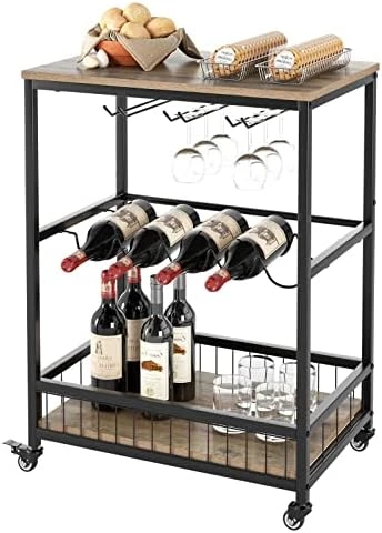 Graciia Mobile Bar Cart For Home, Serving On Wheels, Rolling Wine Cart, Industrial Beverage With Rack And Glass Holder, Rustic Brown (V-80) - Image 6