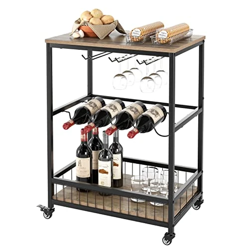 Graciia Mobile Bar Cart For Home, Serving On Wheels, Rolling Wine Cart, Industrial Beverage With Rack And Glass Holder, Rustic Brown (V-80)