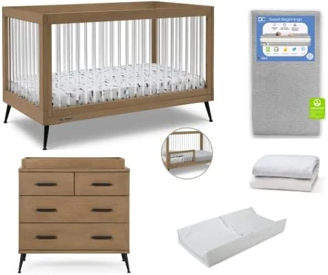 Delta Children Sloane Crib 7-Piece Baby Nursery Furniture Set–Includes: Convertible Crib, Dresser, Changing Top, Crib Mattress, Fitted Sheets, Toddler Guardrail & Changing Pad, Black W/Melted Bronze - Image 8