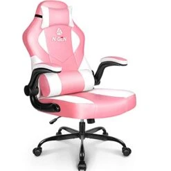 N-GEN Gaming Chair Ergonomic Office Chair PC Desk Chair With Lumbar Support Flip Up Arms Levelled Seat Style Headrest PU Leather Executive High Back Computer Chair For Adults Women Men (4. Peach Pink)