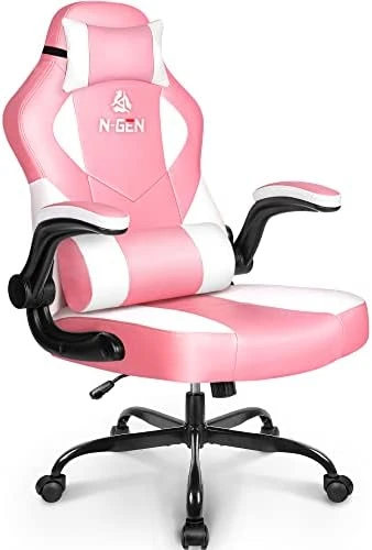 N-GEN Gaming Chair Ergonomic Office Chair PC Desk Chair With Lumbar Support Flip Up Arms Levelled Seat Style Headrest PU Leather Executive High Back Computer Chair For Adults Women Men (4. Peach Pink) - Image 10