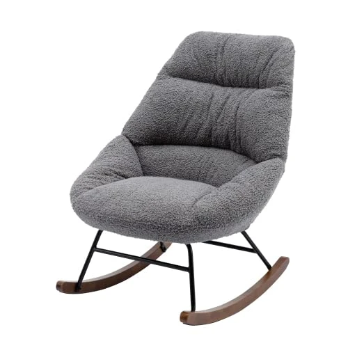BOMENG Rocking Chair, Glider Rocker With Metal Frame & Solid Wood Base, Comfy Single Sofa Chair With High Back & Padded Seat, Lounge Chair For Living Room, Grey1 - Image 6