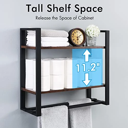KES Bathroom Shelf With Bar Wall Mounted, 2-Tier Industrial Wooded Rustic Wall Shelf Over Toilet Rack With Double Adjustable Bar Floating Shelves 23.6-inch Metal Black, BTR500S60-BK - Image 5