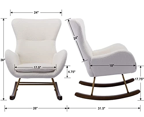 DM Furniture Sherpa Rocking Accent Chair Upholstered Nursery Glider Rocker For Baby Nursing Comfy Lounge Chair With Gold Legs For Living Room Bedroom, White - Image 2