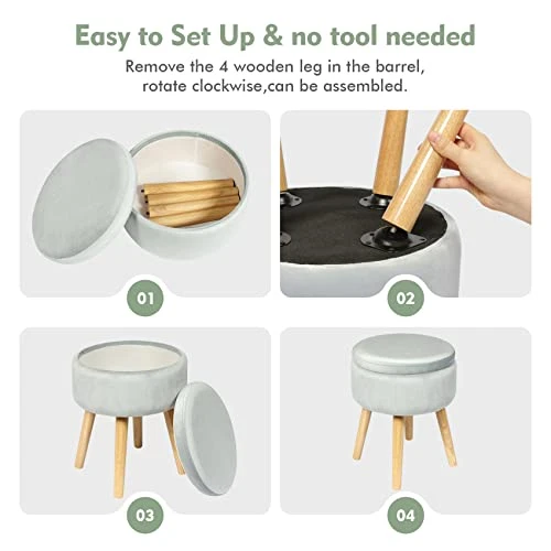 B FSOBEIIALEO Round Storage Ottoman, Soft Padded Velvet Footstool Vanity Makeup Chair, With Wooden Legs & Tray Top 14.17" (Blue) - Image 5