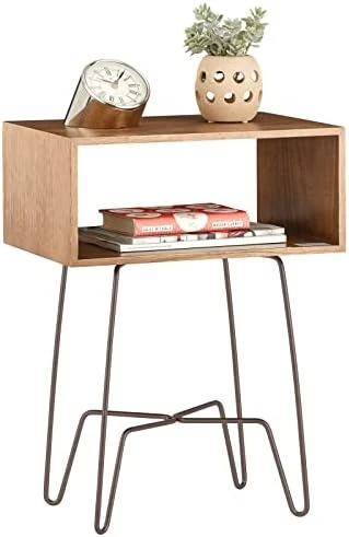MDesign Modern Industrial Side Table With Storage Shelf - 2-Tier Metal And Wood End Table - Minimal Mid Century Design - Accent Furniture For Living Room And Office - Brown/Bronze - Image 5