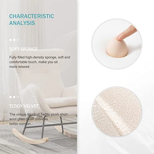 Tsuysi Teddy Rocking Chair Nursery, Upholstered Rocking Chairs With High Backrest And Armrests, Small Glider Chair For Nursery, Living Room, Bedroom (Beige) - Image 4