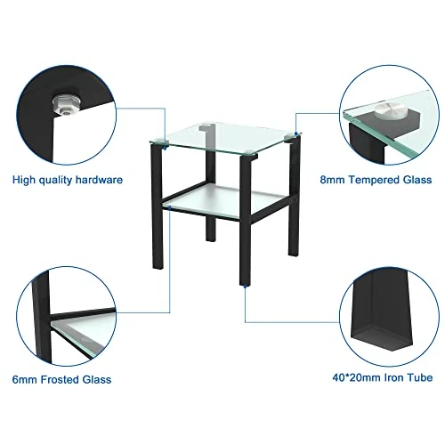 Meihua Glass Top End Table, Square Glass Side Table For Living Room&Bedroom (Black) - Image 5