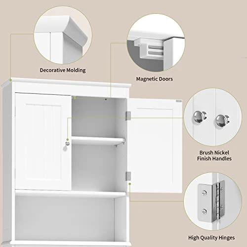 Gizoon Over The Toilet Storage Cabinet With Adjustable Shelf And Double Doors, Bathroom Space Saver Organizer Above Toilet With Open Shelf, Taller Wooden Free Standing Toilet Rack -White - Image 5
