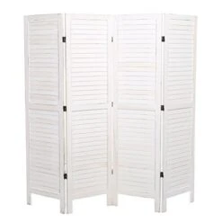 MyGift Whitewashed Wood 4 Panel Room Divider Wall Partition Screen, Folding Louvered Design