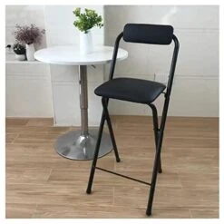 UDHSV Folding Bar Stool With Backrest,PU Leather Padded Counter Height Foldable Stool,Portable Folding Stool For Adults Tall Bar Stools For Outdoor Kitchen Shop Cafe,Black,27.5in
