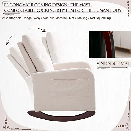 Obuvar Upholstered Rocking Chair For Nursery, Accent Glider Rocker With Two Pockets, Comfy Armchair With Tall Backrest And Double Layer Cushion, Baby Nursery Glider For Living Room, Bedroom (Beige) - Image 5