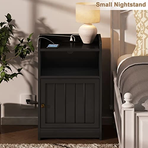 ChooChoo Nightstand With Charging Station, Modern End Side Table With Cabinet And Open Storage For Bedroom, Living Room, Black - Image 3