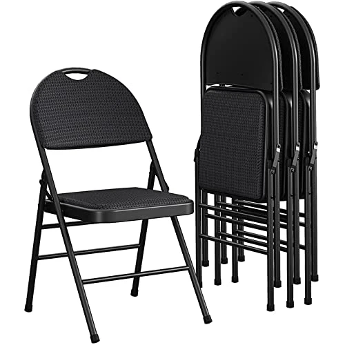 COSCO Essentials Commercial XL Comfort Fabric Padded Metal Folding Chair With Contoured Seat Back, 300 Lb. Weight Rating, Triple Braced, 4-Pack, Black