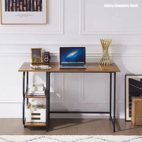 Anivia Writing Computer Home Office Desk With 2 Storage Shelves On Left Or Right Side, Industrial Simple Style Wood Table Metal PC Laptop Notebook, 47", Rustic Brown + Black Frame - Image 2