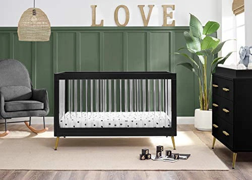 Delta Children Sloane Crib 7-Piece Baby Nursery Furniture Set–Includes: Convertible Crib, Dresser, Changing Top, Crib Mattress, Fitted Sheets, Toddler Guardrail & Changing Pad, Black W/Melted Bronze - Image 2