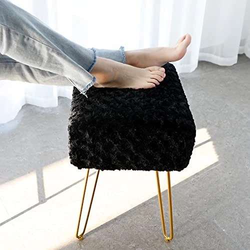SCRIPTRACT Modern Mink Square Footstool Ottoman Bench Flower Pattern Furry Faux Fur Vanity Stool Chair With Golden Metal Leg For Vanity Entryway Bathroom Living Room Bedroom (Black Rose)
