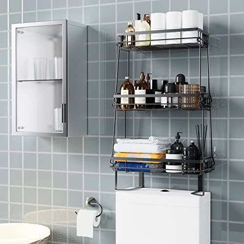 NiHome 3-Tier Metal Over-The-Toilet Bathroom Organizer With Hooks, Wall-Mounted Space-Saving Design, No-Drill Installation, Easy Assembly - Black