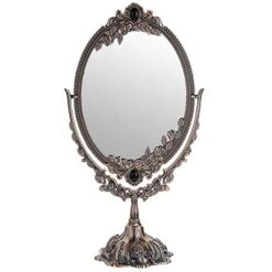 JUXYES Metal Tabletop Antique Decorative Makeup Mirror With Stand, Vintage Swivel Double Sided Cosmetic Mirror With Frame, Retro Desktop Oval Dressing Mirror For Bathroom Bedroom