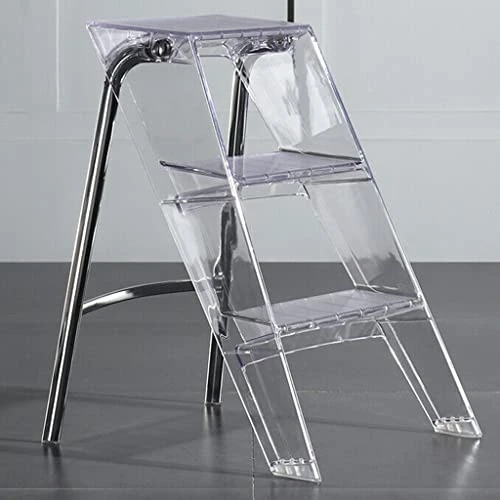 XBPPIARN Acrylic 3 Step Ladder Step Stool Transparent L44xW52xH63cm Folding Step Stool 150kg Capacity Ladder For Kitchen Electroplated Silver Iron Frame Household Stool