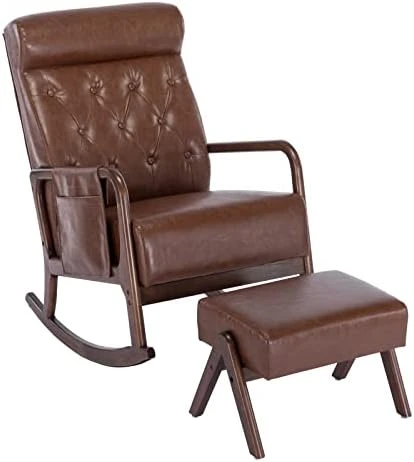 UPYOOE Nursery Rocking Chair Mid-Century Modern Chair With Ottoman Leather Arm Chair High Back with Side Pocket Comfy Glider Rocker Chair For Living Room Baby Room Bedroom (Brown PU Leather) - Image 6