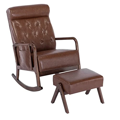 UPYOOE Nursery Rocking Chair Mid-Century Modern Chair With Ottoman Leather Arm Chair High Back with Side Pocket Comfy Glider Rocker Chair For Living Room Baby Room Bedroom (Brown PU Leather)