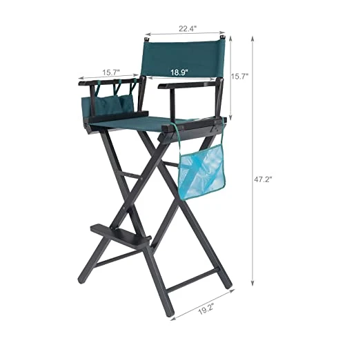 Tall Director Artist Makeup Chair - Solid Hardwood And Polyester Folding Makeup Chair With Portable Storage Side Bags And Bottle Rack - 250 Lbs Capacity Collapsible Chair With Footrest - Dark Green - Image 3
