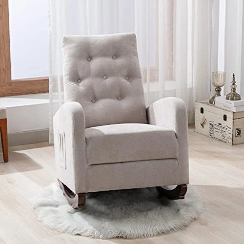 Merax Beige Modern Tufted Accent Rocking Chair, Upholstered Nursery Glider Rocker With High Backrest For Baby And Kids, Set Of 1 - Image 12