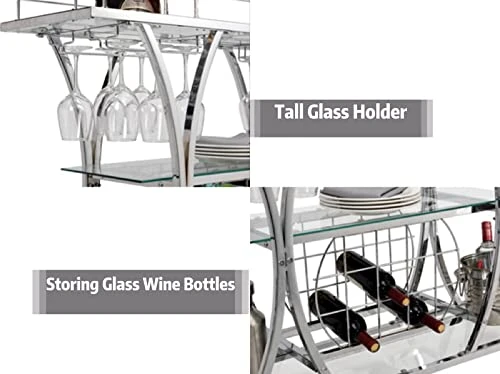 FABOMEI Silver Bar Carts With Glass Holders & Wine Rack,3 Tier Home Bar Serving Carts With Glass Shelves,Metal Rolling Bar Carts For The Home Kitchen, Party - Image 2