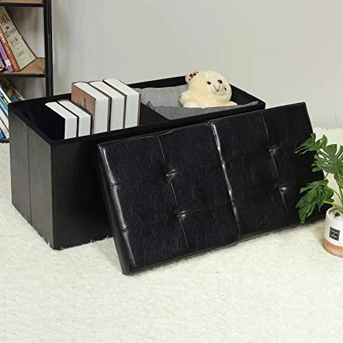 B FSOBEIIALEO Storage Ottoman With Filpping Lids, Ottoman Storage Bench Footrest Seat, Storage Organizer Toy Chest Faux Leather 30"x15"x15" (Black) - Image 2