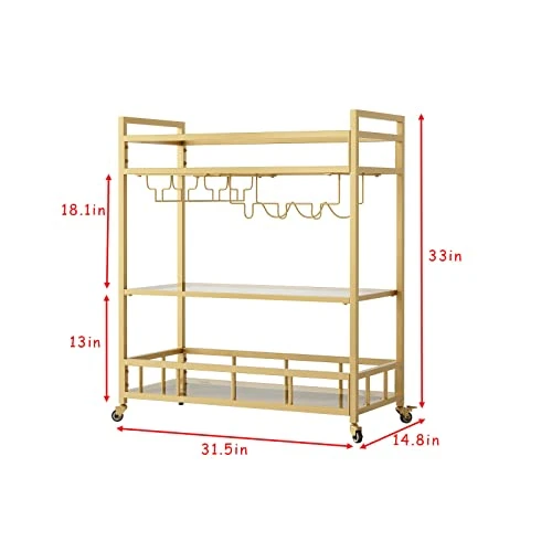LORMITER Bar Cart Gold With Bottle Storage And Wine Glass, Rolling Serving Bar Cart On Wheels Indoor & Outdoor Bar Carts For Patio, Gold Kitchen Serving Cart For Party(3-Tier) - Image 4