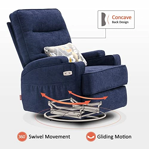 MCombo Electric Power Swivel Glider Recliner Chair With Heat And Vibrating For Nursery, USB Ports, Pillow, Cup Holders, Remote Control, Fabric 7752 (Navy Blue) - Image 5