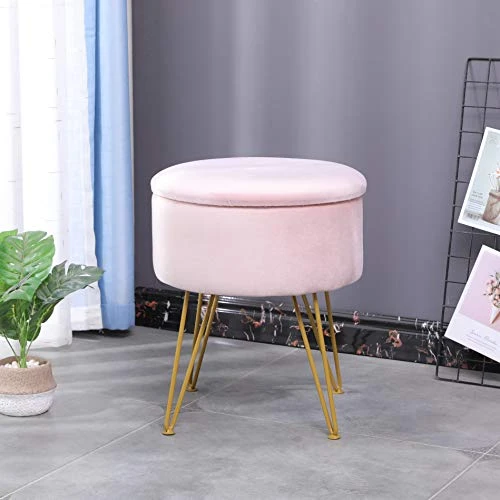 Ubrand Ottoman Velvet Storage Footrest Stool Round Dressing Upholstered Vanity Chair,Makeup Footstool With Golden Metal Legs Non-Slip Mats For Living Room And Bedroom-Pink - Image 2